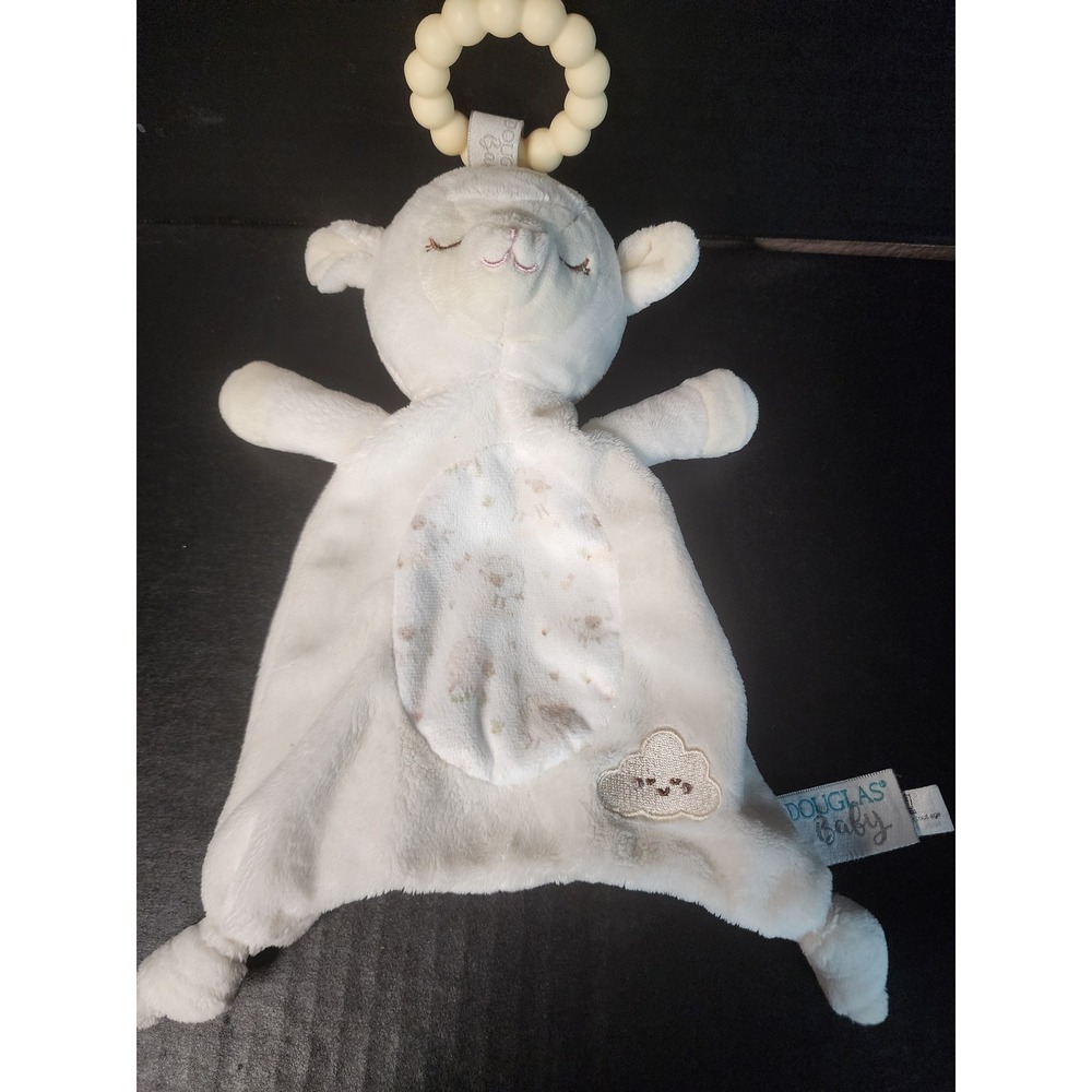 Douglas Baby Little Lamb Plush Lovey Security Blanket Teether Ring Cream White